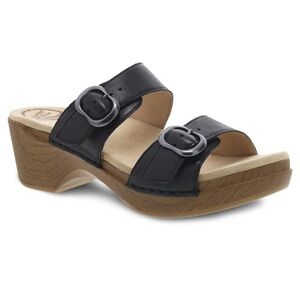 Dansko Sophie black full grain leather two strap platform clog sandals